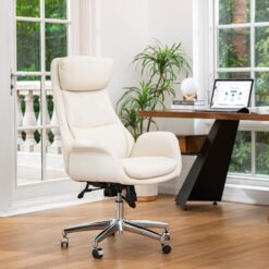 Glitzhome Midcentury Cream Traditional Ergonomic Adjustable Height Swivel Faux Leather Executive Chair