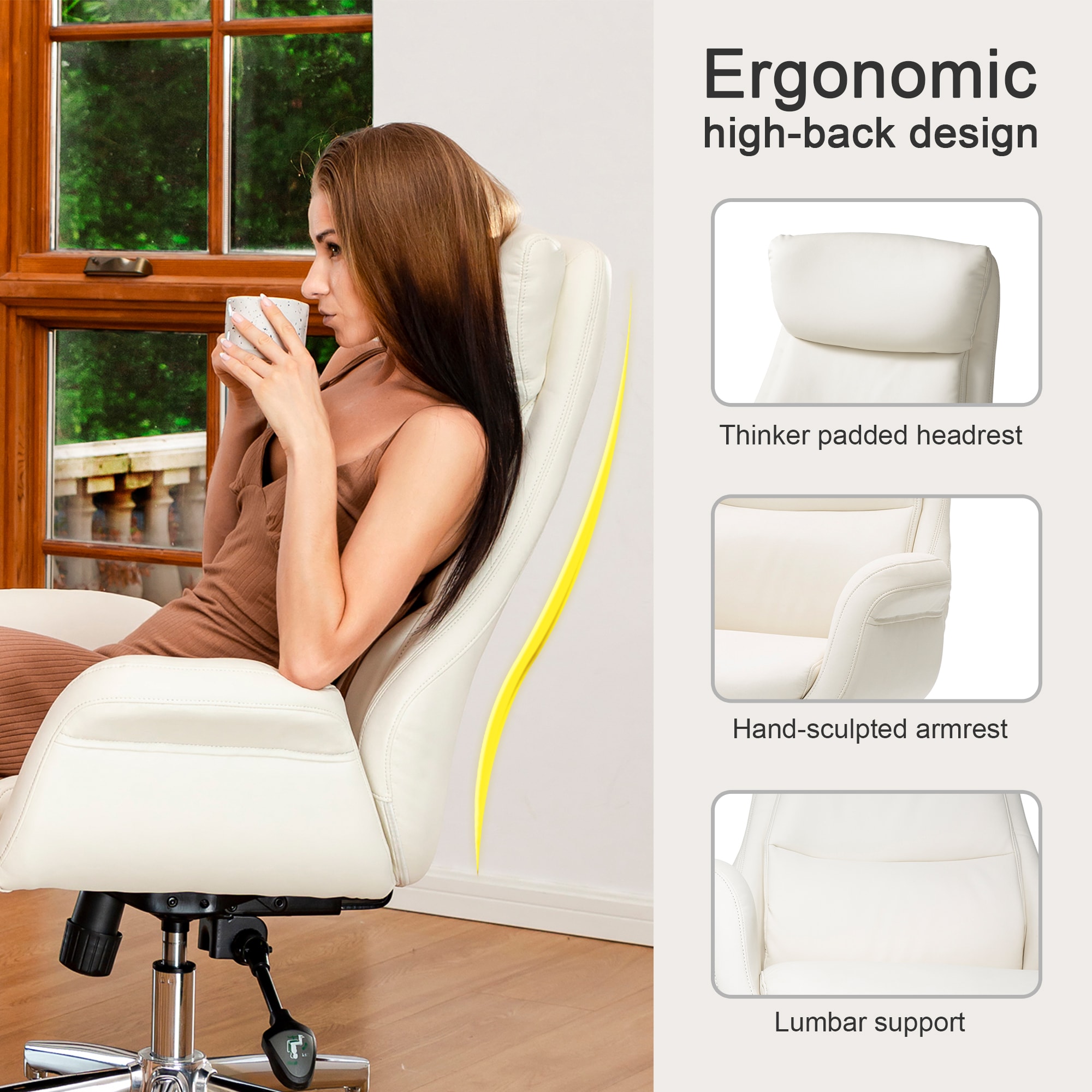 Glitzhome Midcentury Cream Traditional Ergonomic Adjustable Height Swivel Faux Leather Executive Chair
