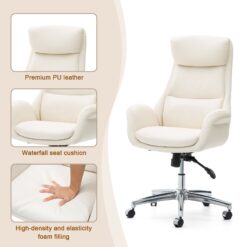 Glitzhome Midcentury Cream Traditional Ergonomic Adjustable Height Swivel Faux Leather Executive Chair