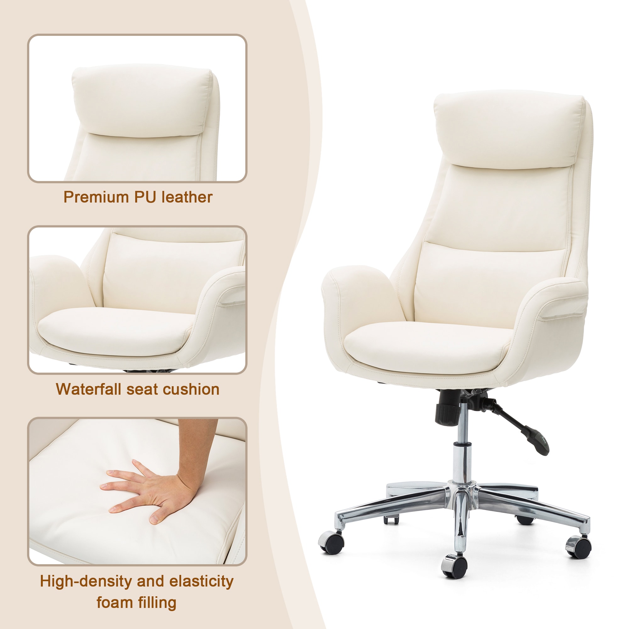 Glitzhome Midcentury Cream Traditional Ergonomic Adjustable Height Swivel Faux Leather Executive Chair