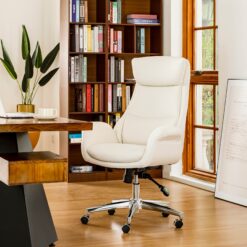Glitzhome Midcentury Cream Traditional Ergonomic Adjustable Height Swivel Faux Leather Executive Chair
