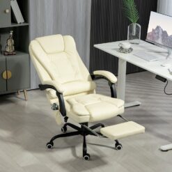 GZMR 7-Point Vibrating Massage Office Chair Cream White Contemporary Ergonomic Adjustable Height Swivel Faux Leather Executive Chair