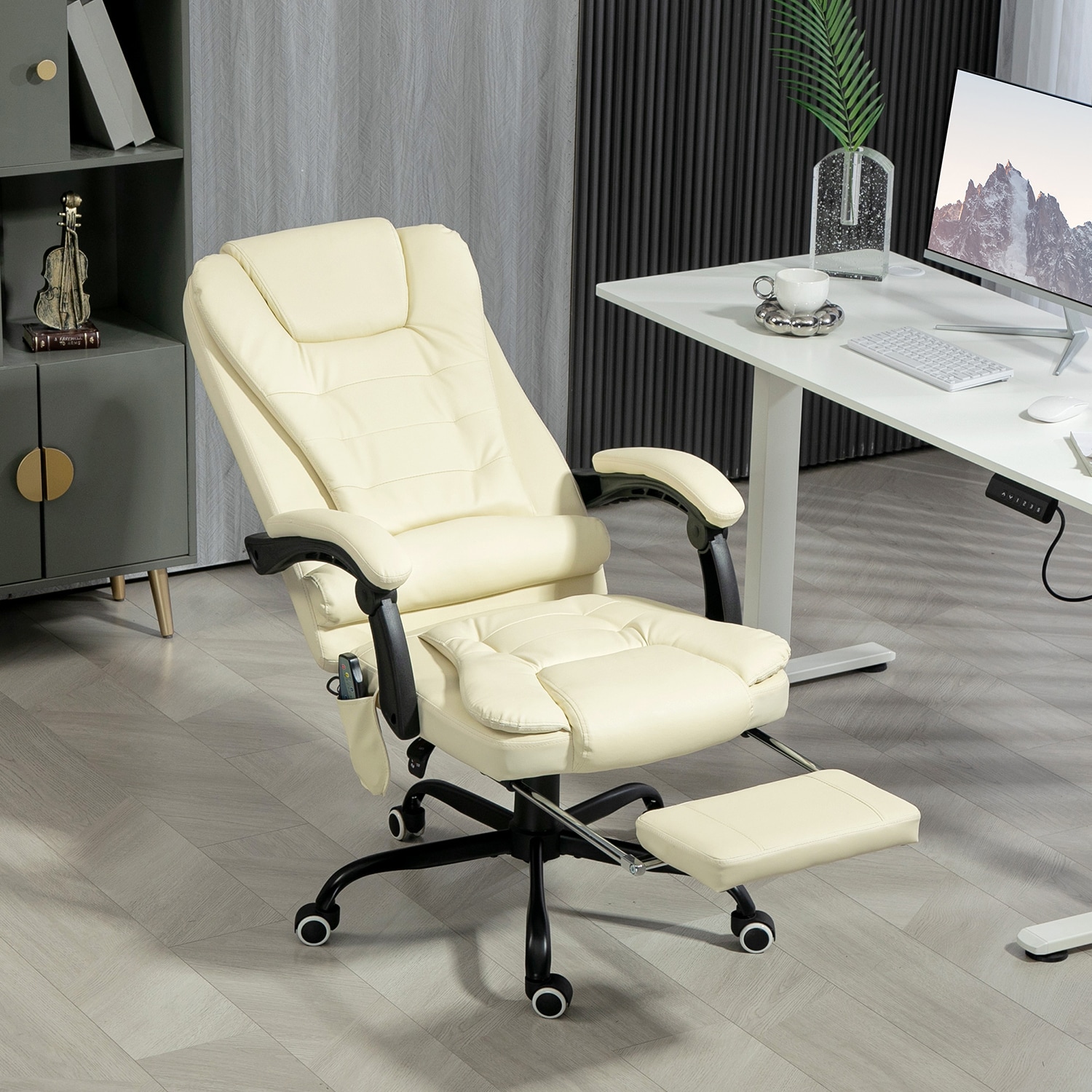 GZMR 7-Point Vibrating Massage Office Chair Cream White Contemporary Ergonomic Adjustable Height Swivel Faux Leather Executive Chair