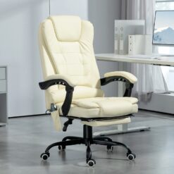 GZMR 7-Point Vibrating Massage Office Chair Cream White Contemporary Ergonomic Adjustable Height Swivel Faux Leather Executive Chair