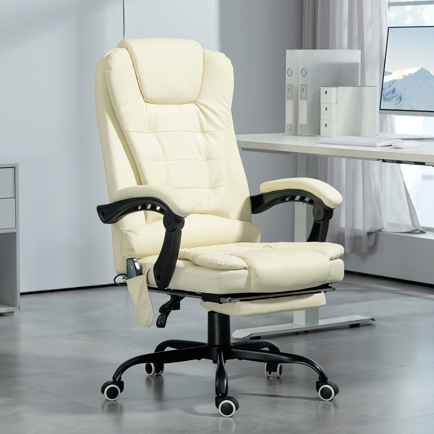 GZMR 7-Point Vibrating Massage Office Chair Cream White Contemporary Ergonomic Adjustable Height Swivel Faux Leather Executive Chair