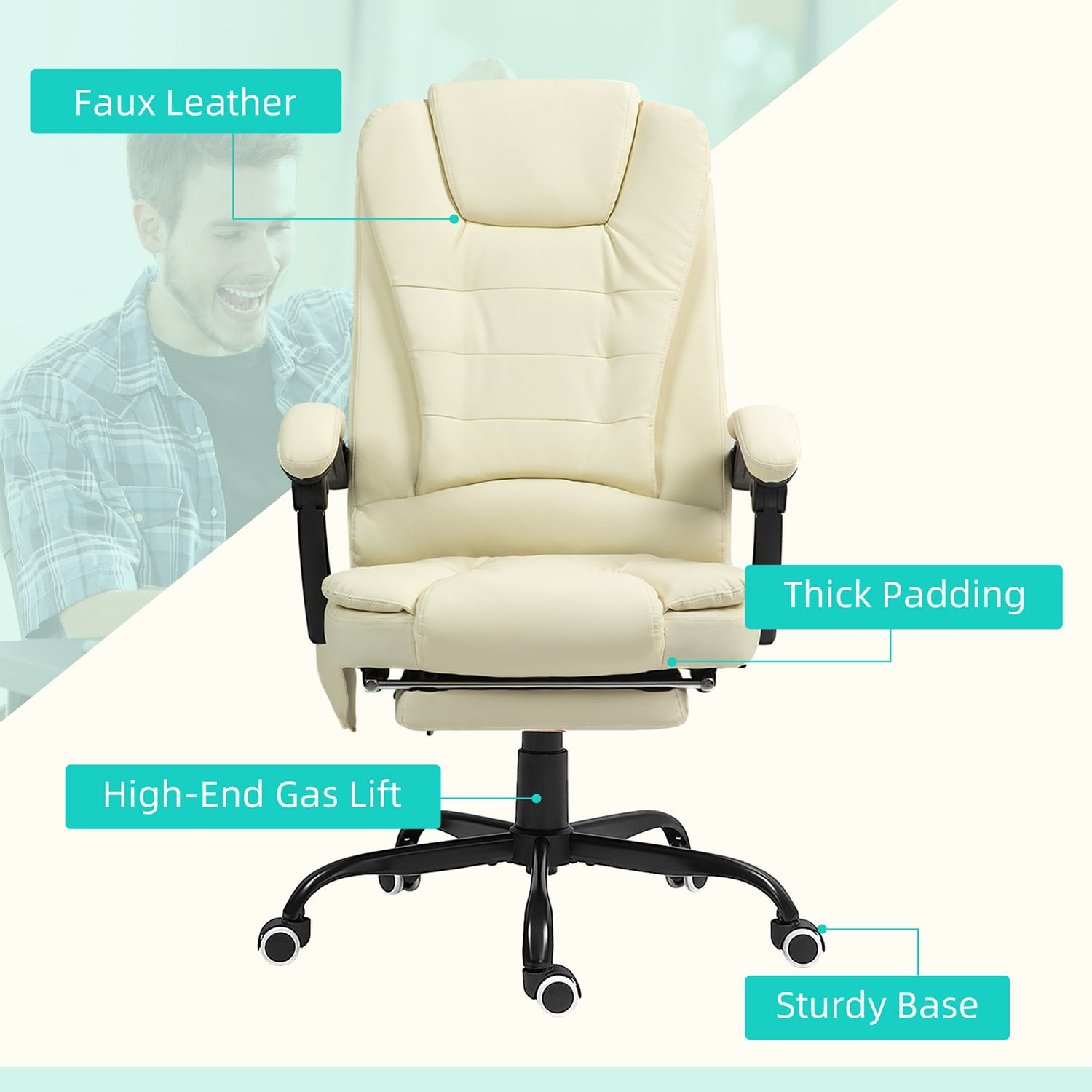 GZMR 7-Point Vibrating Massage Office Chair Cream White Contemporary Ergonomic Adjustable Height Swivel Faux Leather Executive Chair