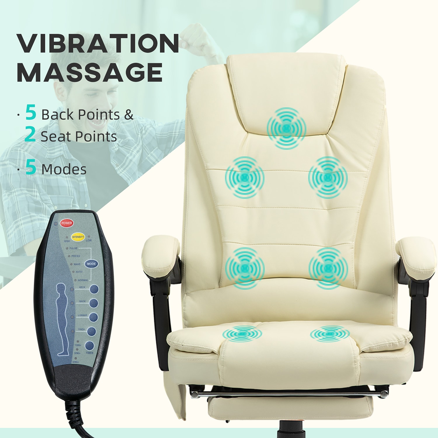 GZMR 7-Point Vibrating Massage Office Chair Cream White Contemporary Ergonomic Adjustable Height Swivel Faux Leather Executive Chair