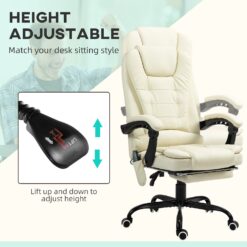 GZMR 7-Point Vibrating Massage Office Chair Cream White Contemporary Ergonomic Adjustable Height Swivel Faux Leather Executive Chair