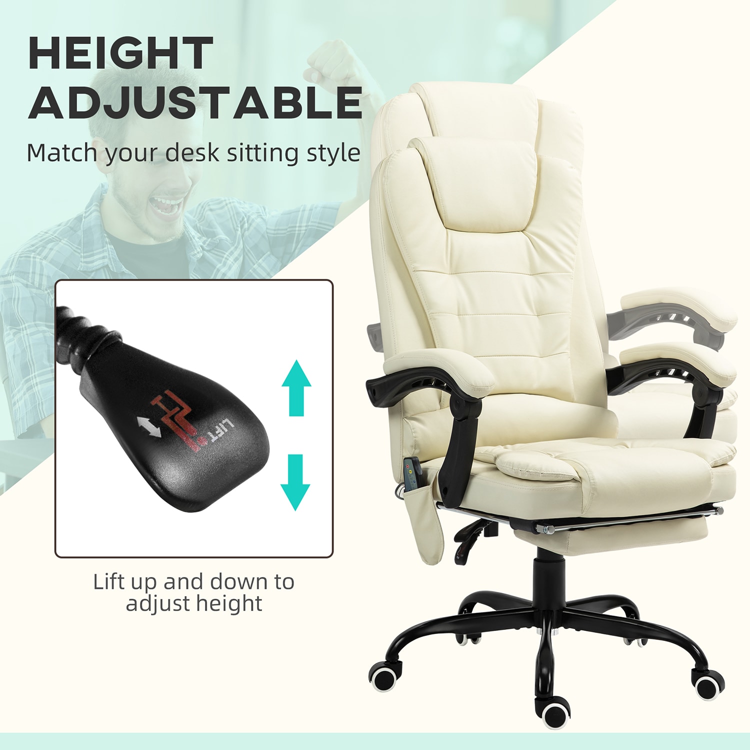 GZMR 7-Point Vibrating Massage Office Chair Cream White Contemporary Ergonomic Adjustable Height Swivel Faux Leather Executive Chair
