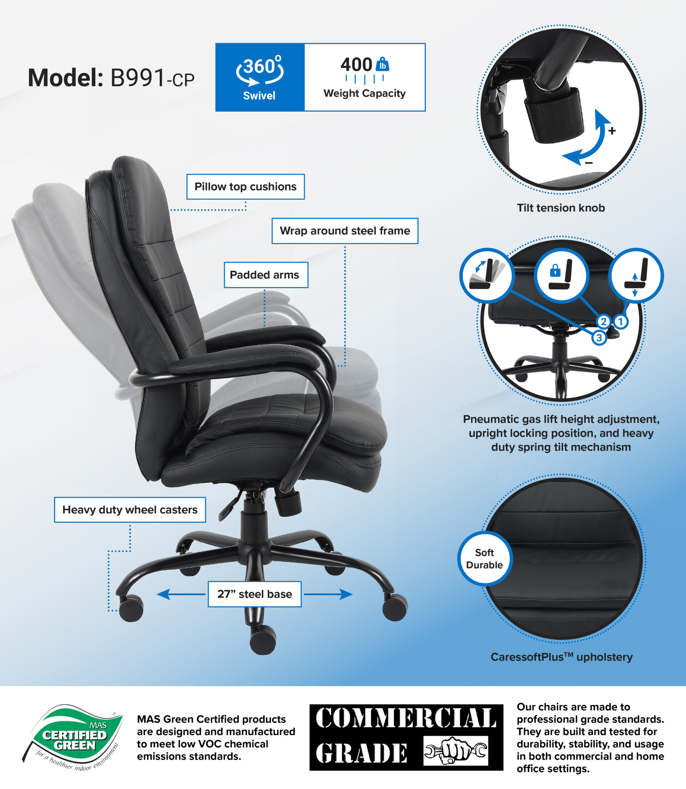 Boss Office Products Black Contemporary Ergonomic Adjustable Height Swivel Upholstered Executive Chair