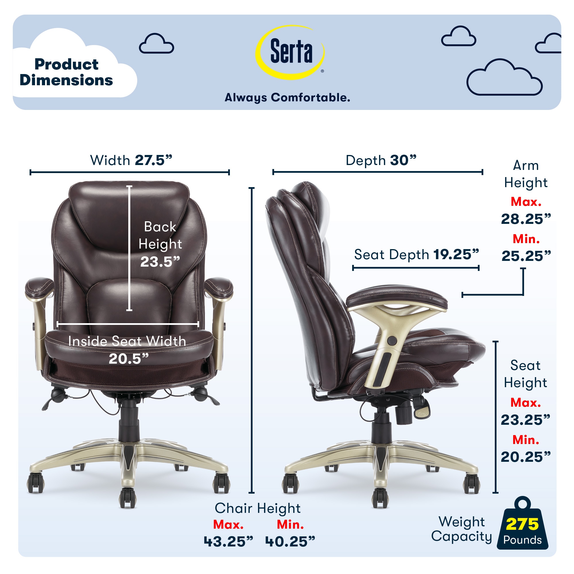 Serta Claremont Brown Bonded Leather Traditional Ergonomic Adjustable Height Swivel Faux Leather Executive Chair