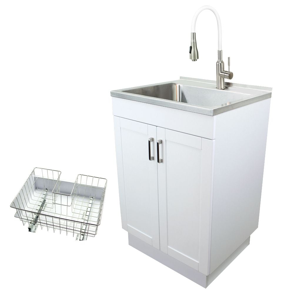 Transolid 24-in x 19.7-in 1 -Basin White Freestanding Laundry sink with Cabinet with Drain with Faucet