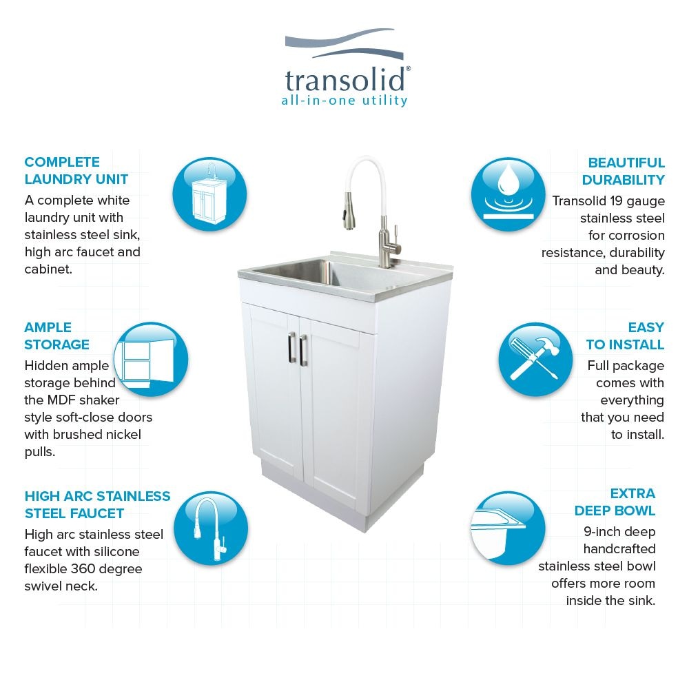 Transolid 24-in x 19.7-in 1 -Basin White Freestanding Laundry sink with Cabinet with Drain with Faucet