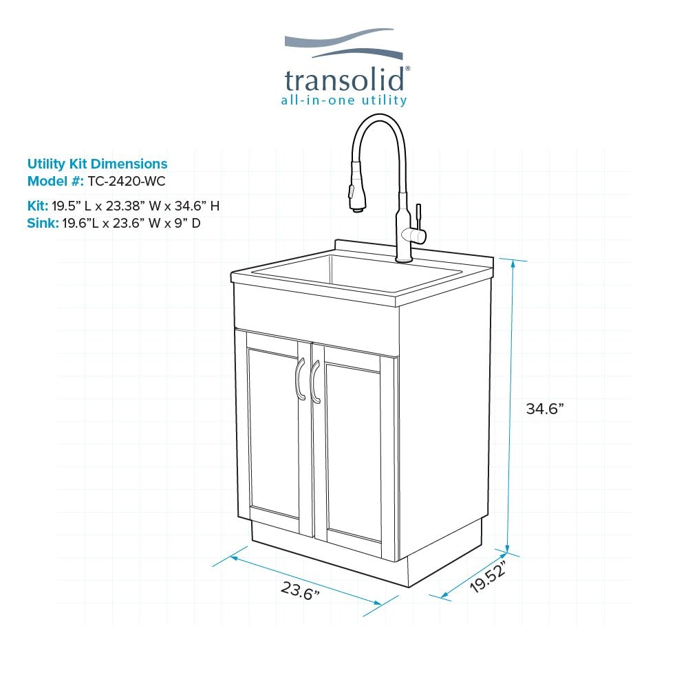 Transolid 24-in x 19.7-in 1 -Basin White Freestanding Laundry sink with Cabinet with Drain with Faucet