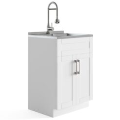 Simpli Home Hennessy 23.6-in x 19.7-in 1 -Basin Pure White Freestanding Laundry sink with Cabinet with Drain with Faucet