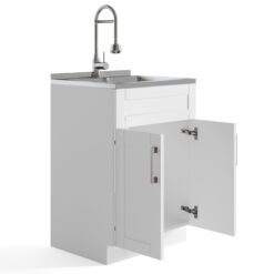Simpli Home Hennessy 23.6-in x 19.7-in 1 -Basin Pure White Freestanding Laundry sink with Cabinet with Drain with Faucet