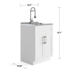 Simpli Home Hennessy 23.6-in x 19.7-in 1 -Basin Pure White Freestanding Laundry sink with Cabinet with Drain with Faucet