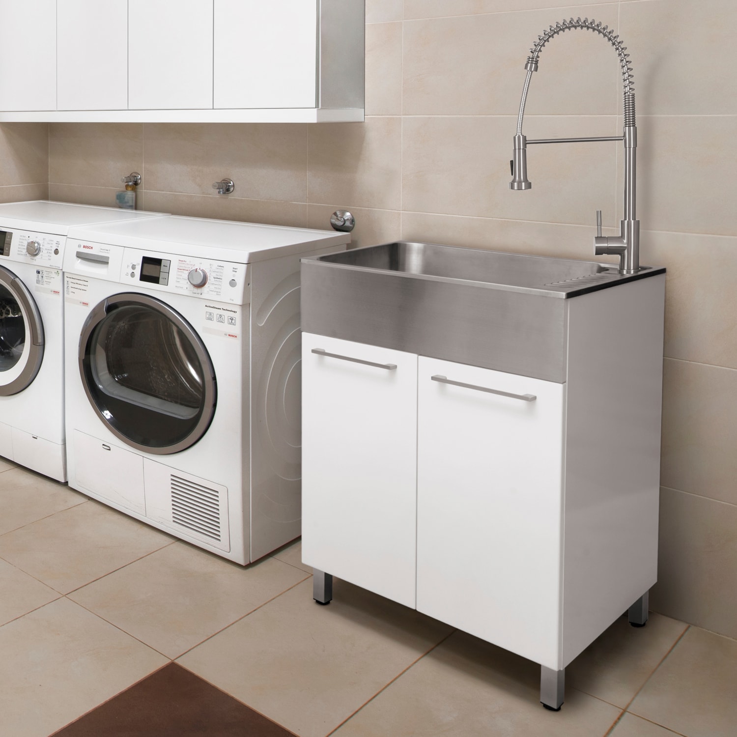 Presenza 28-in x 22-in 1 -Basin Brushed Steel Drop-in Utility tub with Faucet