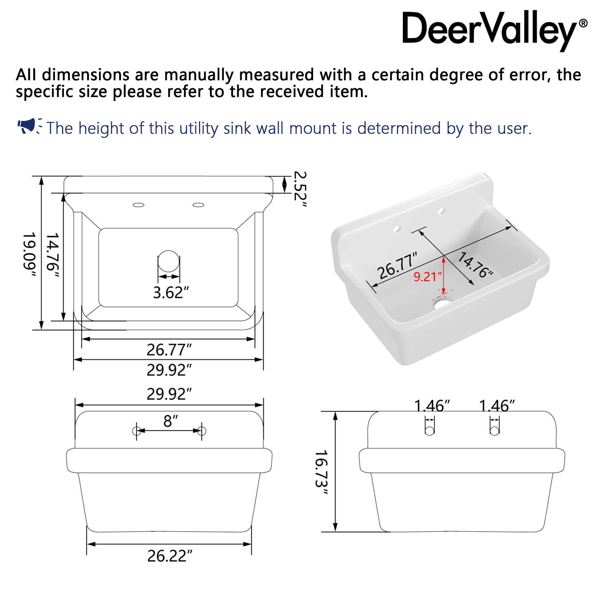 DeerValley 19.09-in x 29.92-in 1 -Basin White Wall mount Laundry sink