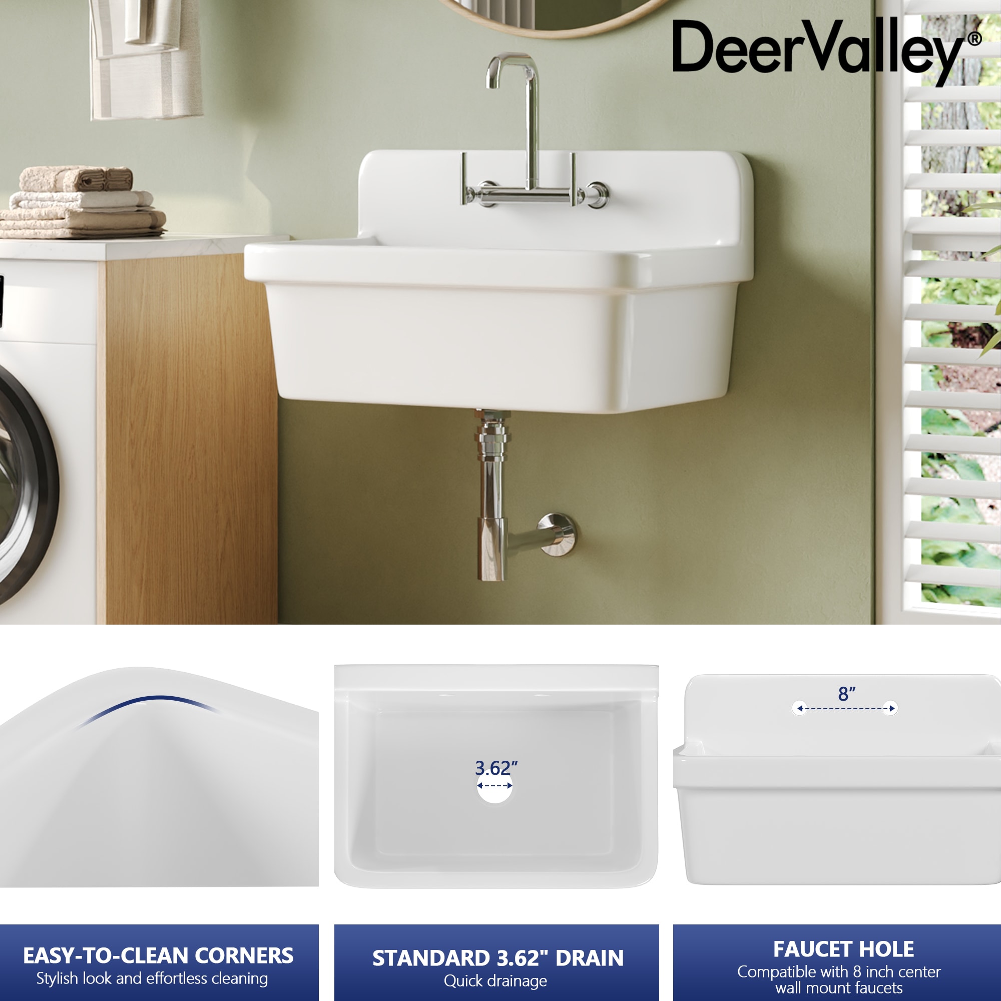 DeerValley 19.09-in x 29.92-in 1 -Basin White Wall mount Laundry sink