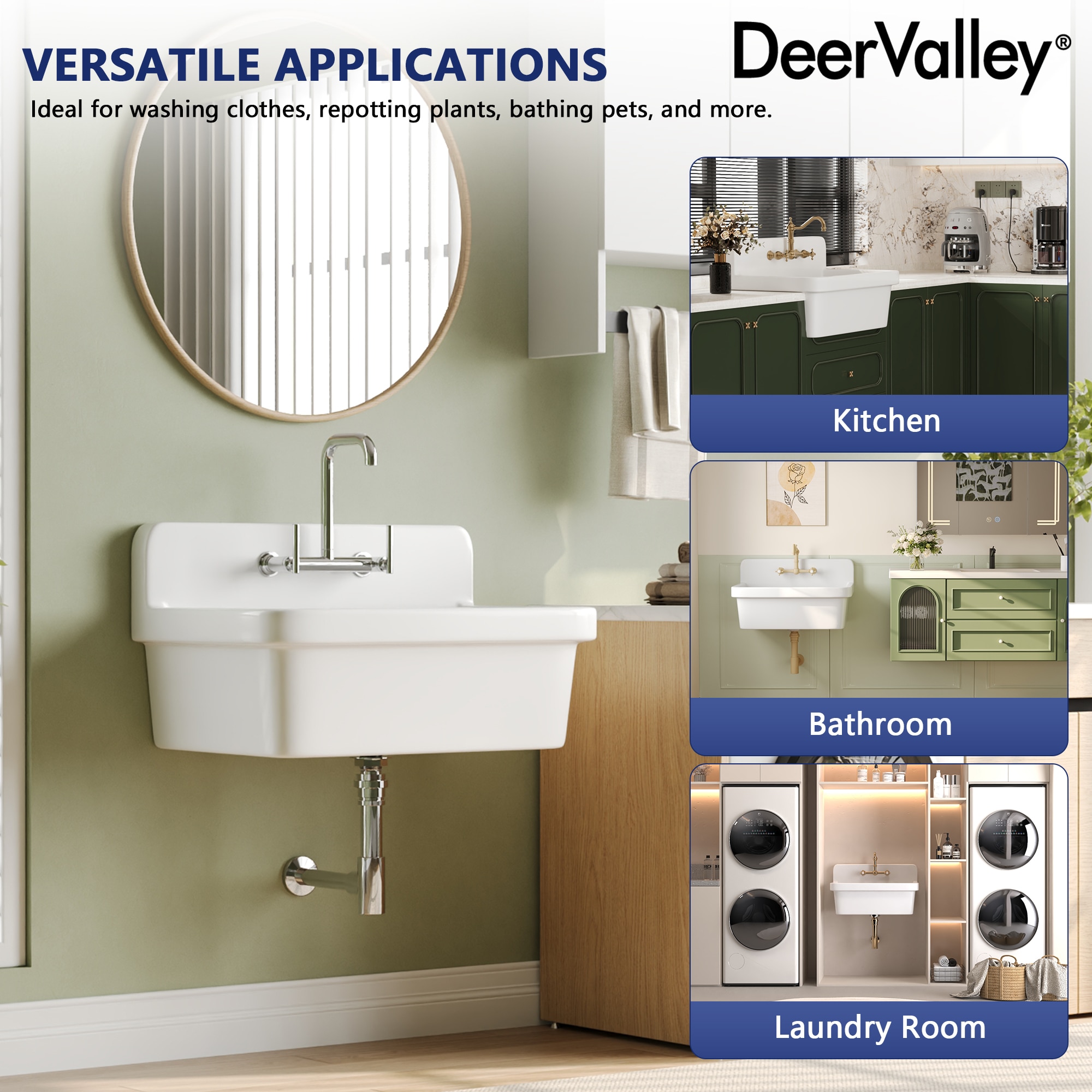 DeerValley 19.09-in x 29.92-in 1 -Basin White Wall mount Laundry sink