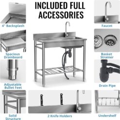Wildaven 19.5-in x 39.3-in 1 -Basin Stainless steel Freestanding Utility tub with Drain with Faucet