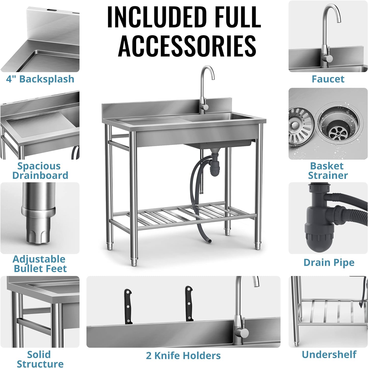 Wildaven 19.5-in x 39.3-in 1 -Basin Stainless steel Freestanding Utility tub with Drain with Faucet