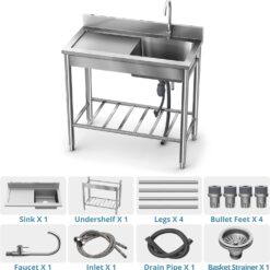 Wildaven 19.5-in x 39.3-in 1 -Basin Stainless steel Freestanding Utility tub with Drain with Faucet