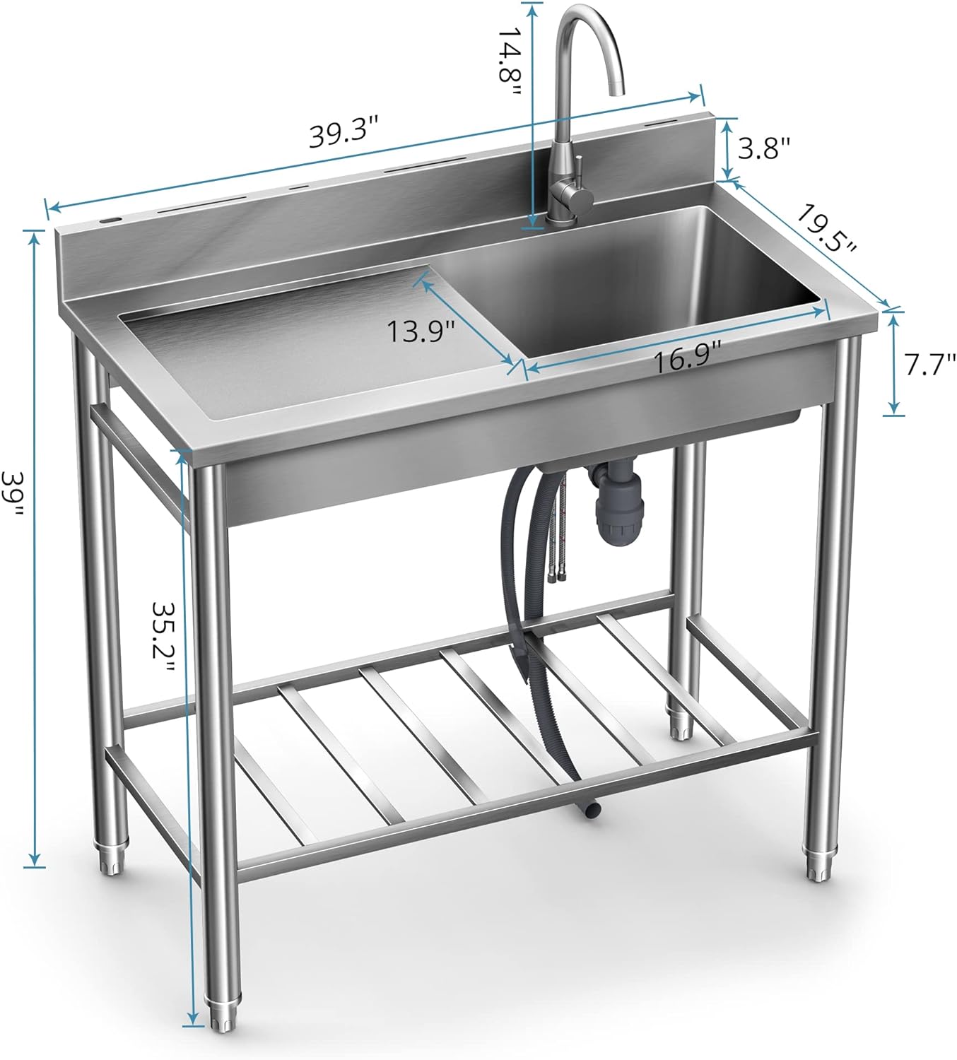 Wildaven 19.5-in x 39.3-in 1 -Basin Stainless steel Freestanding Utility tub with Drain with Faucet