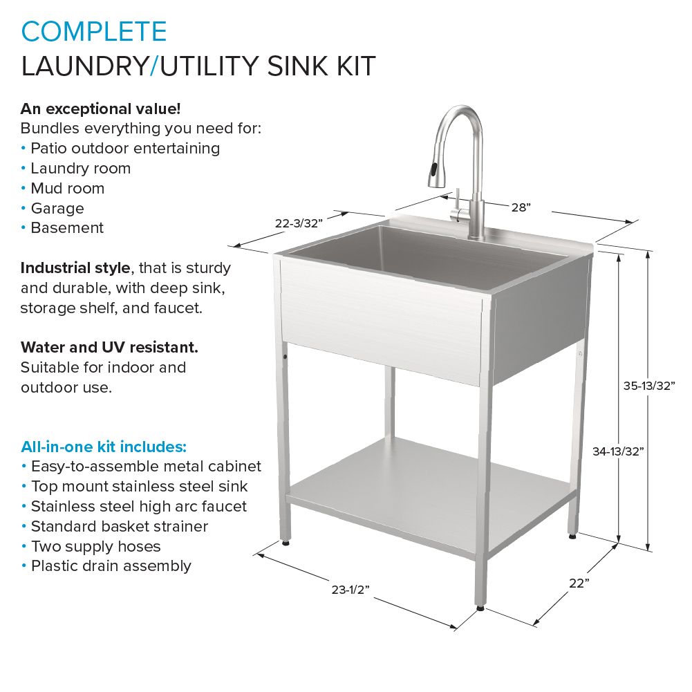 Transolid 22.1-in x 28-in 1 -Basin Brushed Satin Freestanding Laundry sink with Faucet