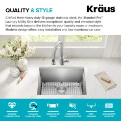 Kraus 18.5-in x 24-in 1 -Basin Stainless steel Undermount Laundry sink with Drain