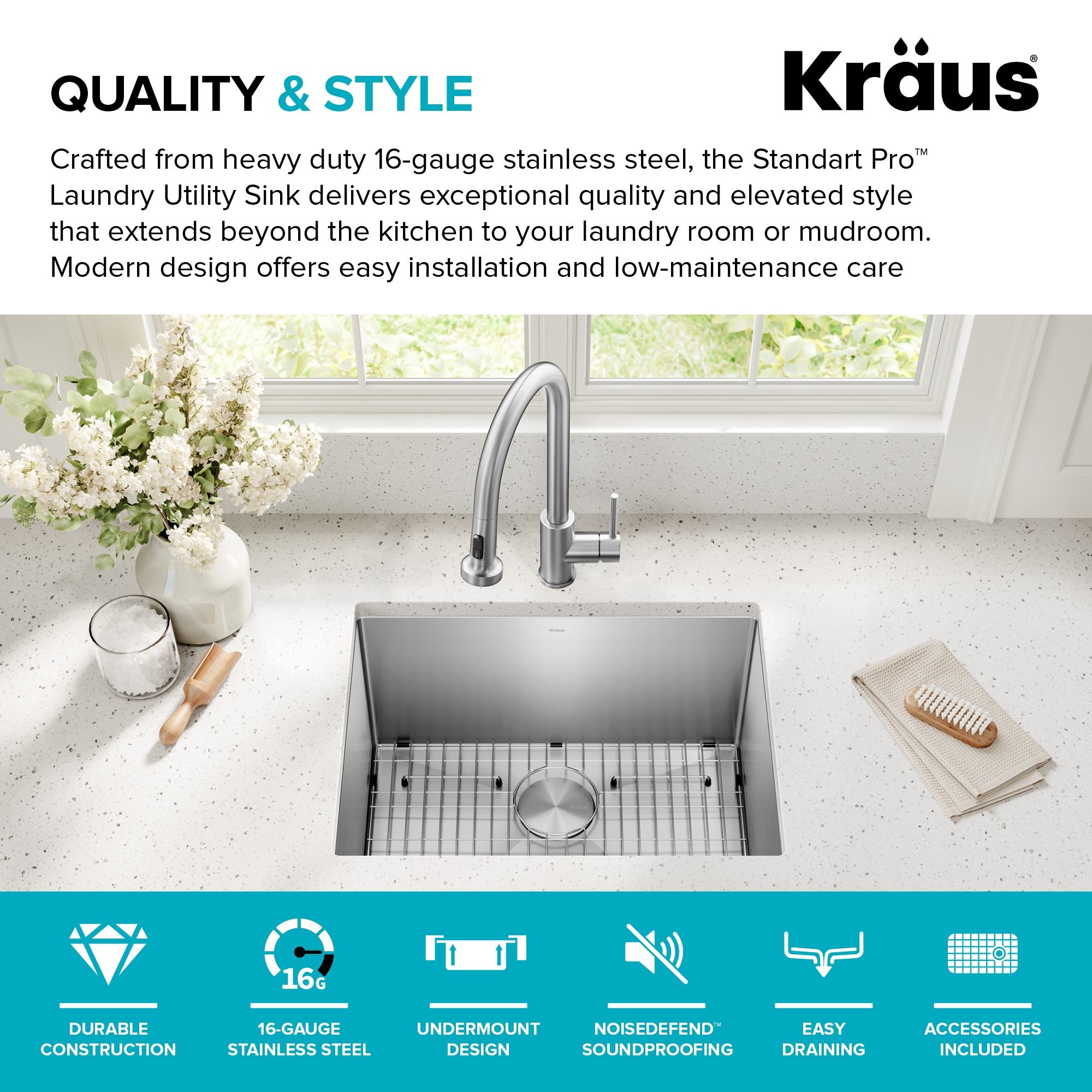 Kraus 18.5-in x 24-in 1 -Basin Stainless steel Undermount Laundry sink with Drain