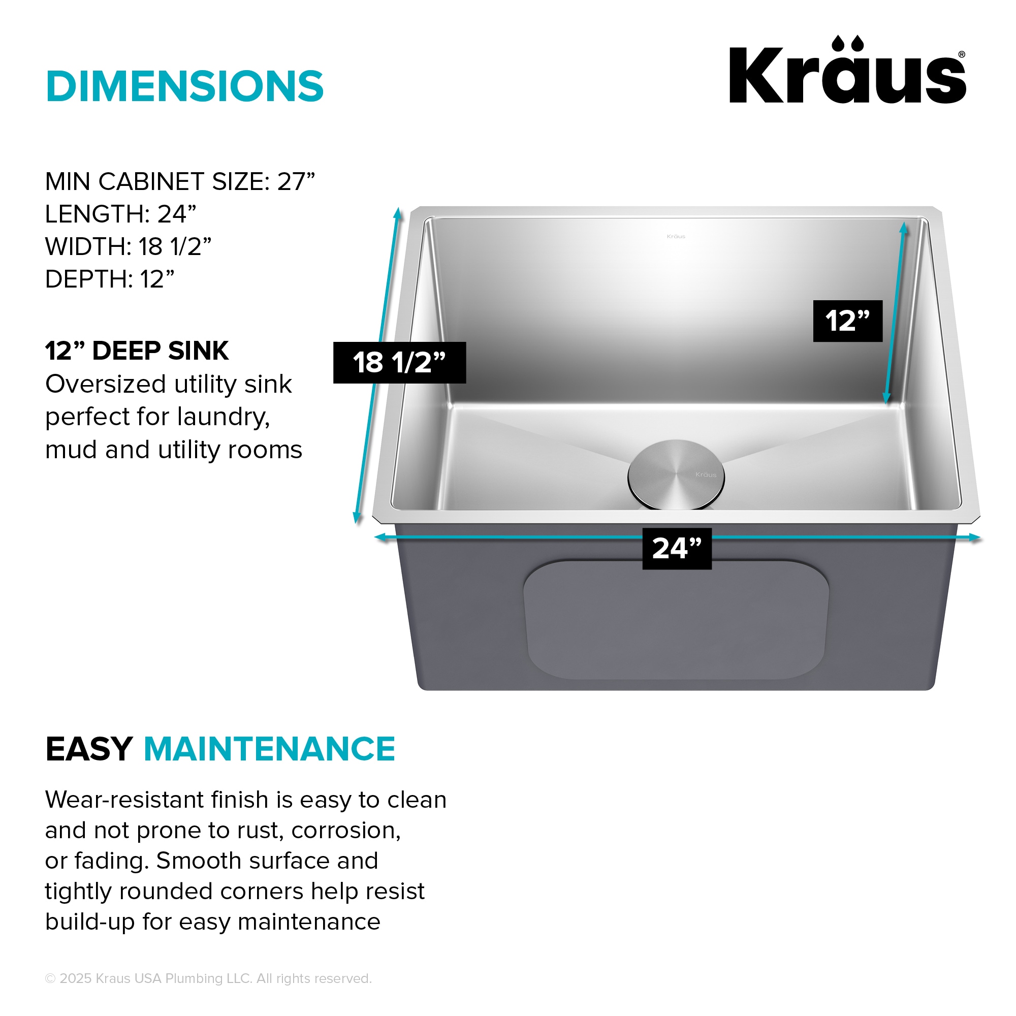 Kraus 18.5-in x 24-in 1 -Basin Stainless steel Undermount Laundry sink with Drain