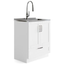 Simpli Home Reed 27.6-in x 19.7-in 1 -Basin Pure White Freestanding Laundry sink with Cabinet with Drain with Faucet
