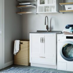Simpli Home Reed 27.6-in x 19.7-in 1 -Basin Pure White Freestanding Laundry sink with Cabinet with Drain with Faucet