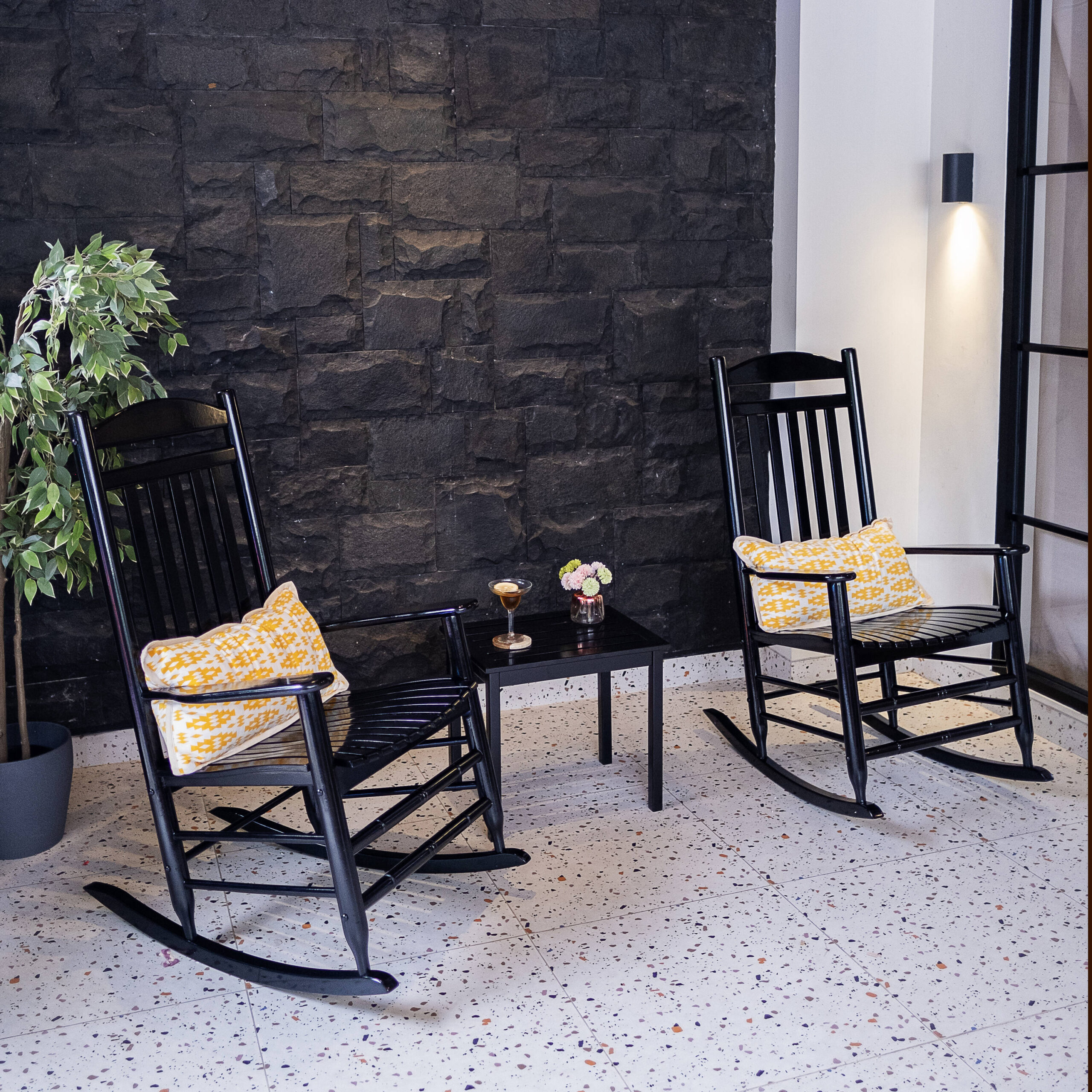 Cambridge Casual Vandal Set of 2 Black Wood Frame Rocking Chair with Slat Seat