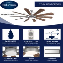Harbor Breeze Henderson 72-in Galvanized with Rustic Weathered Oak Blades LED Covered Outdoor Ceiling Fan With Light and Remote Control Included 10 -Blade