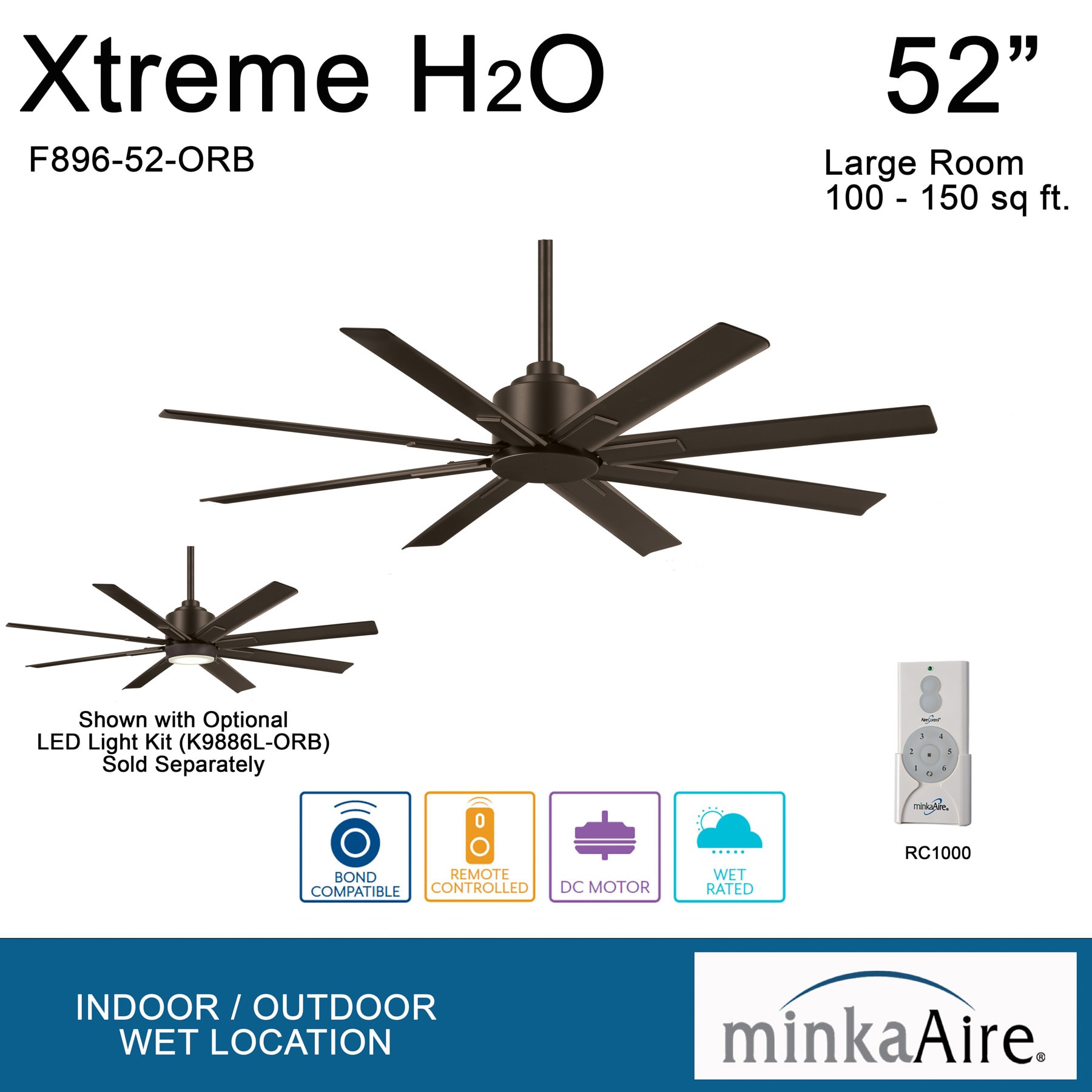 Minka Aire Xtreme H2O 52-in Oil Rubbed Bronze with Oil Rubbed Bronze Blades Uncovered Outdoor Ceiling Fan Without Light and Remote Control Included 8 -Blade
