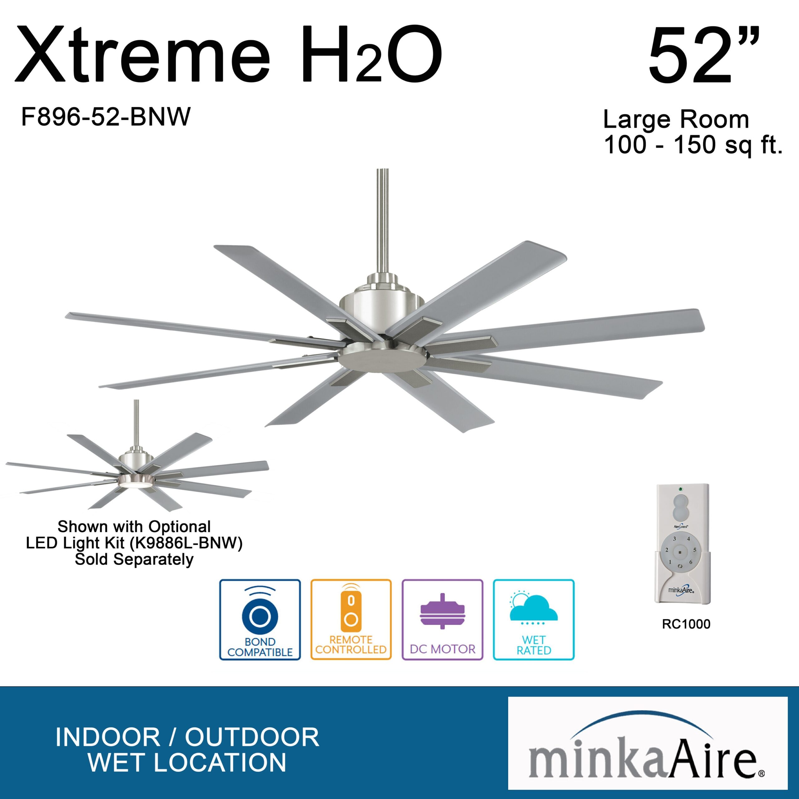 Minka Aire Xtreme H2O 52-in Brushed Nickel Wet with Silver Blades Uncovered Outdoor Ceiling Fan Without Light and Remote Control Included 8 -Blade