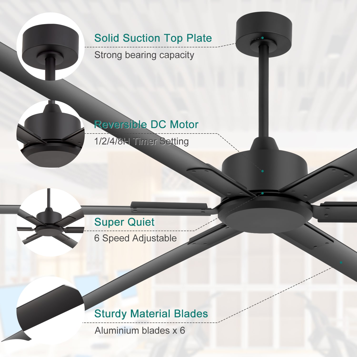 Breezary HVLS Oversized Industrial 120-in Matte Black with Black Aluminum Blades Ceiling Fan Without Light and Remote Control Included 6 -Blade