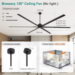 Breezary HVLS Oversized Industrial 120-in Matte Black with Black Aluminum Blades Ceiling Fan Without Light and Remote Control Included 6 -Blade