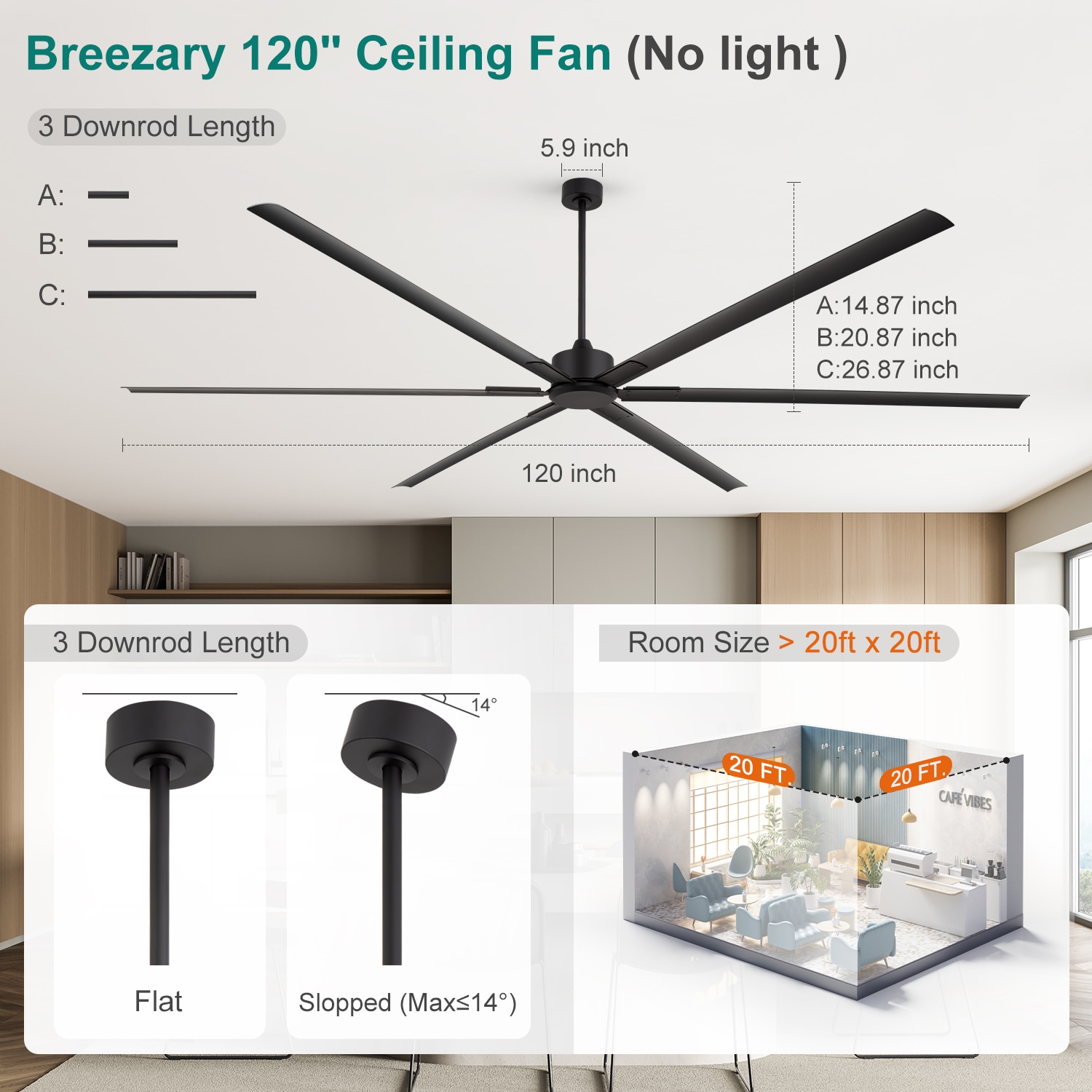 Breezary HVLS Oversized Industrial 120-in Matte Black with Black Aluminum Blades Ceiling Fan Without Light and Remote Control Included 6 -Blade