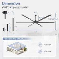 Breezary HVLS Oversized Industrial 120-in Matte Black with Black Aluminum Blades Ceiling Fan Without Light and Remote Control Included 6 -Blade