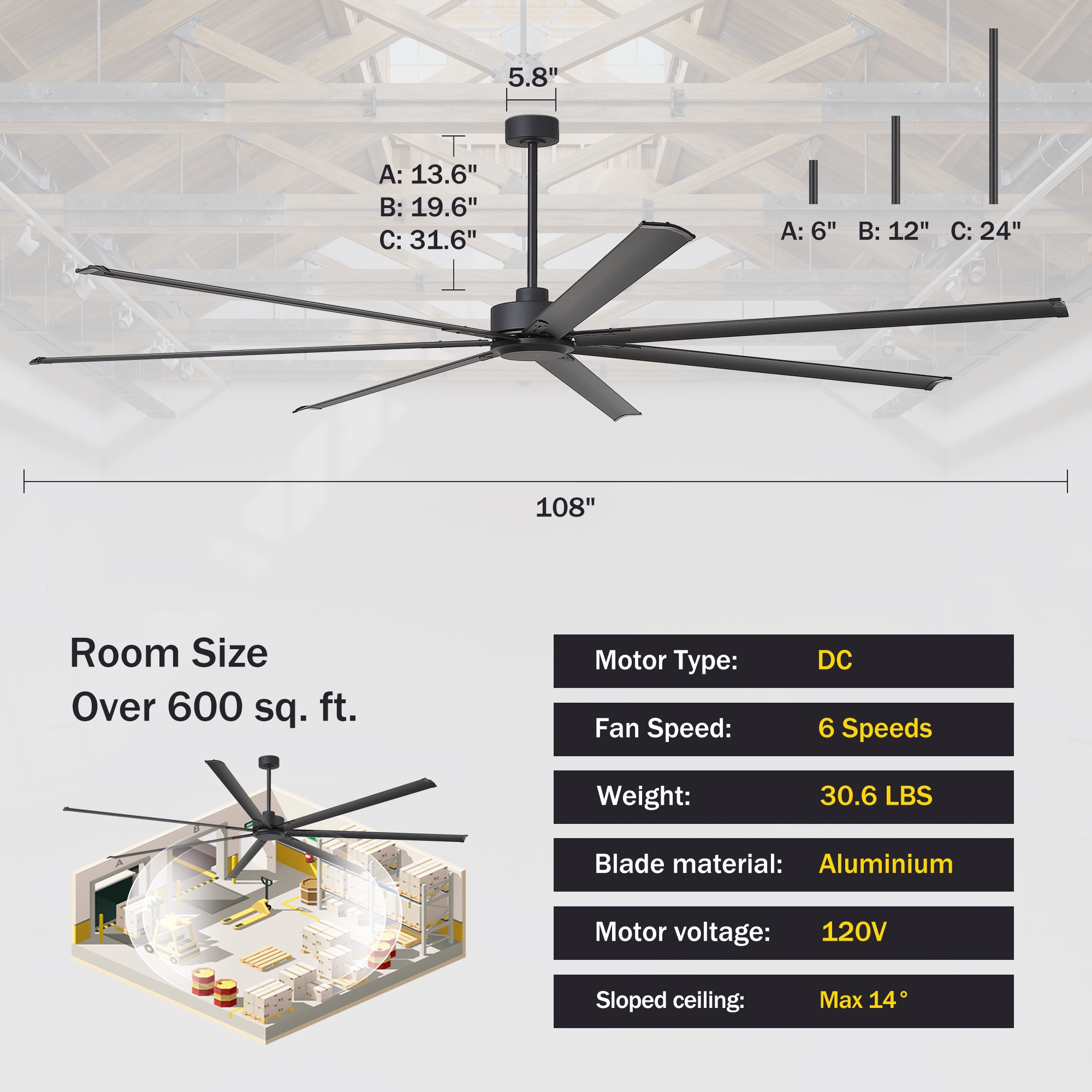 Breezary 9 ft HVLS Oversized Industrial 108-in Matte Black with Black Aluminum Blades Ceiling Fan Without Light and Remote Control Included 7 -Blade