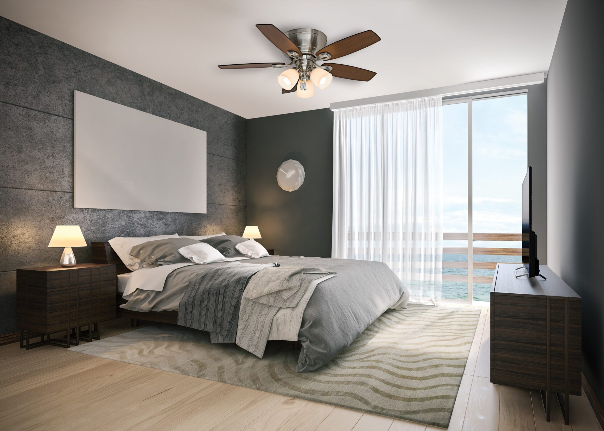 Casablanca Durant 44-in Brushed Nickel with Walnut/Burnt Walnut Blades Flush Mount Ceiling Fan With Light and Pull Chain Included 5 -Blade