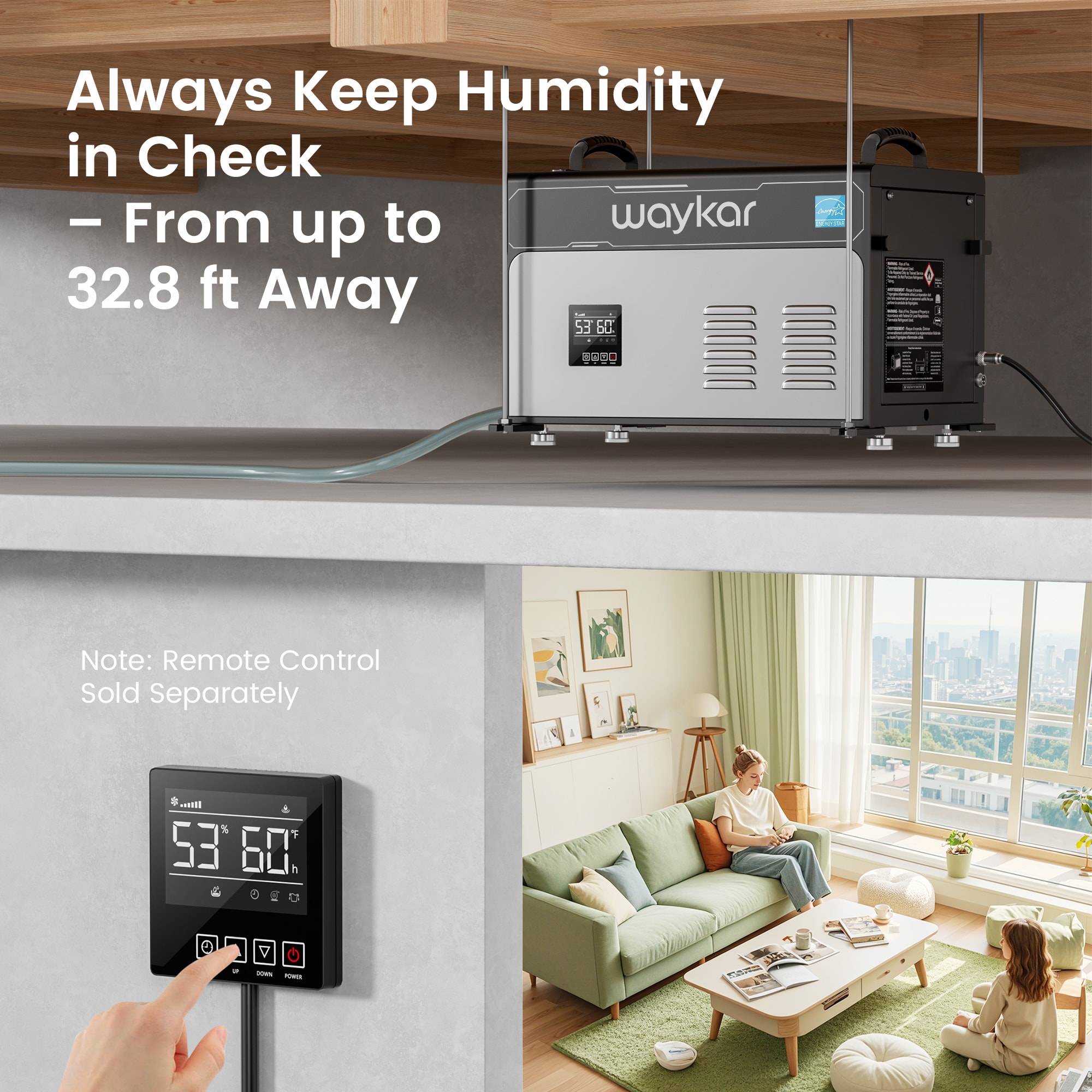 waykar CPG 130 -Pint Large Room Dehumidifier For Basements , Bathrooms , with Built-In Pump Black