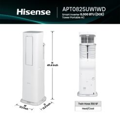 Hisense Tower Inverter 8000 BTU DOE 115-Volt Vented Medium Room Smart Portable Air Conditioner with Heater, Remote Included