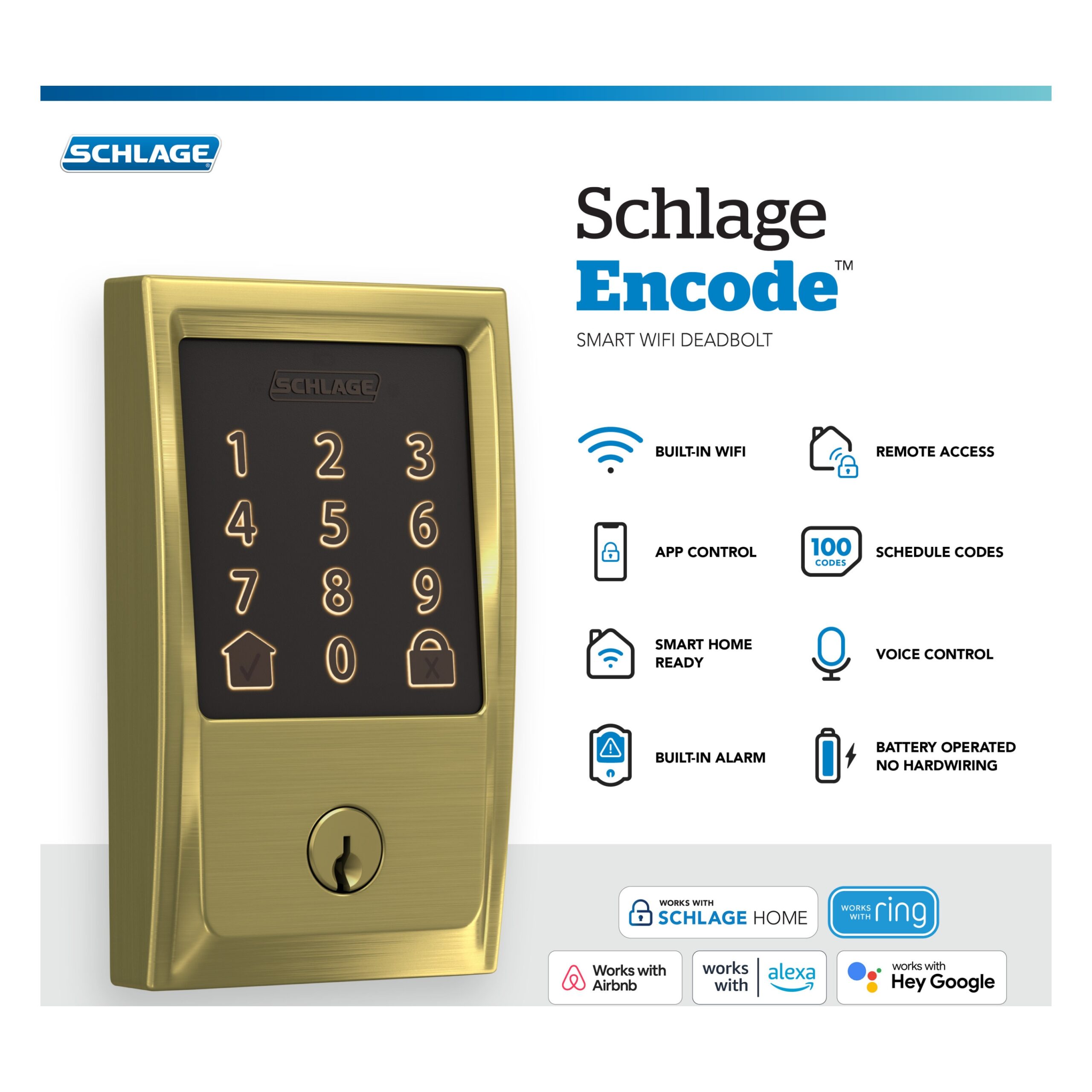 Schlage Encode Century Satin Brass Smart Wi-Fi and Bluetooth Touchscreen Keypad Electronic Deadbolt Lock