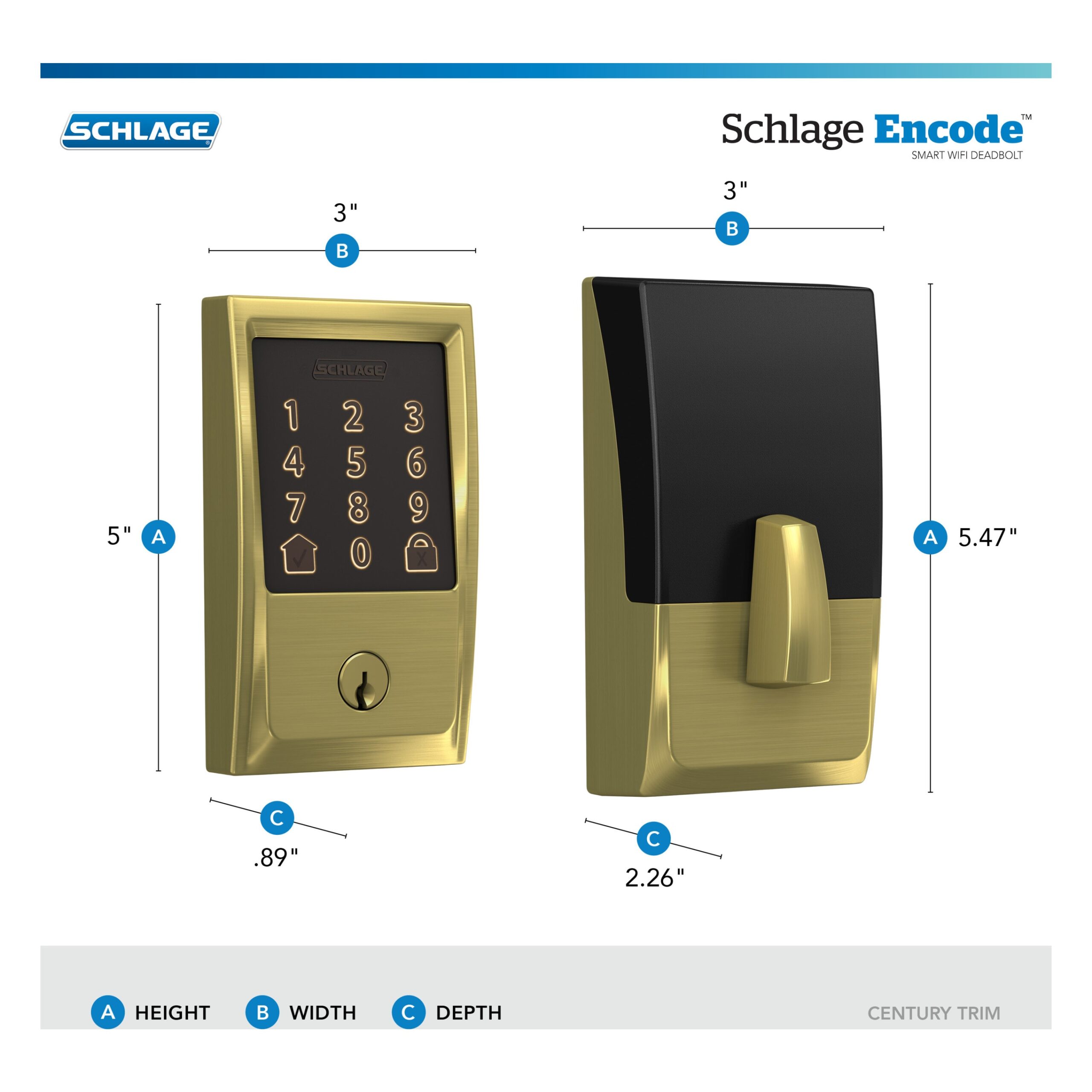 Schlage Encode Century Satin Brass Smart Wi-Fi and Bluetooth Touchscreen Keypad Electronic Deadbolt Lock