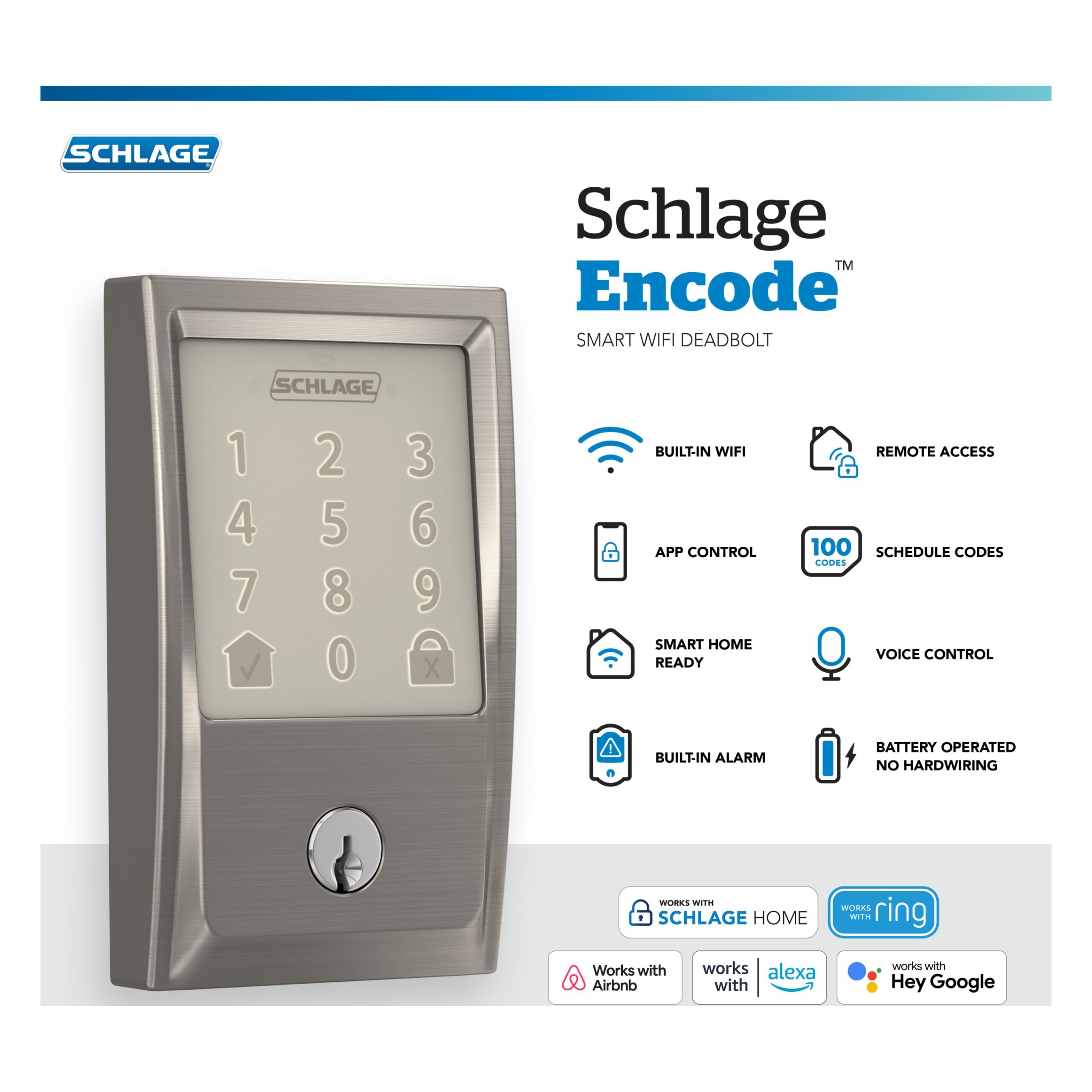 Schlage Encode Century Satin Nickel Smart Wi-Fi and Bluetooth Touchscreen Keypad Electronic Deadbolt Lock